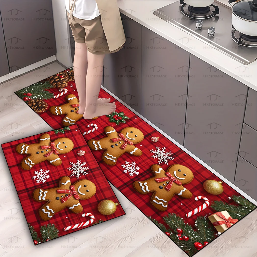 Gingerbread Christmas Kitchen Rug Non-Slip Rubber Back, Snowflake & Cookie Design, for Kitchen, Living Room, Office Decor