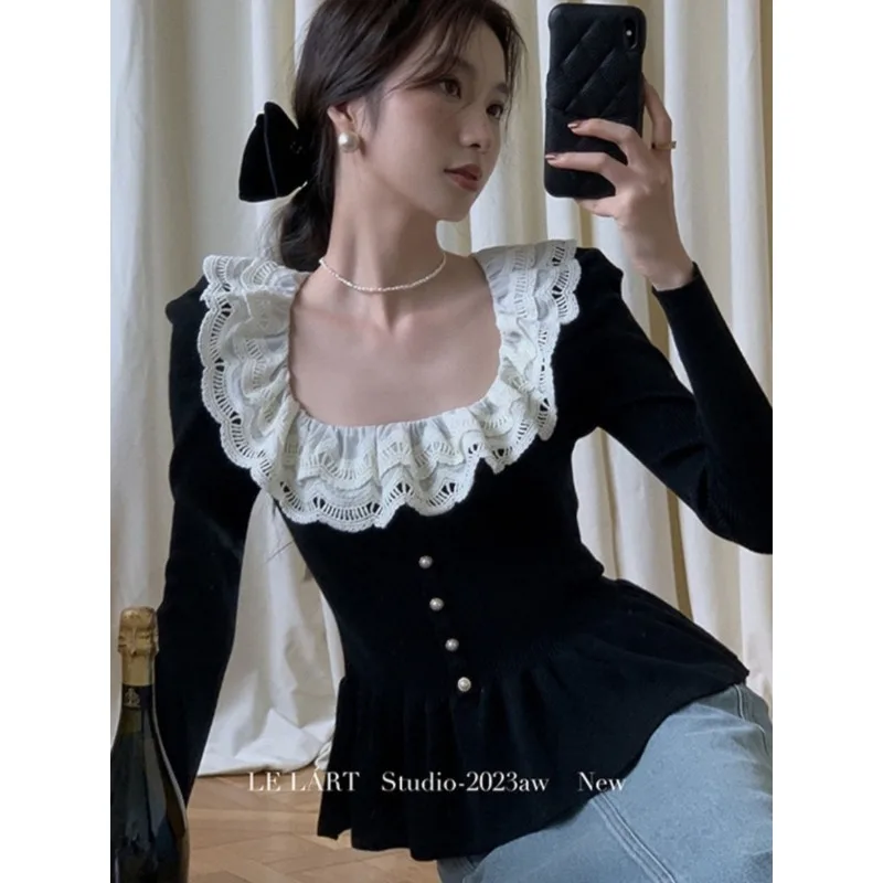 

Французская ледимая темпераментная шерстяная трикотажная юбка с квадратным воротником, высококачественная дизайнерская кружевная юбка с рюшами, нижняя рубашка на осень-зиму