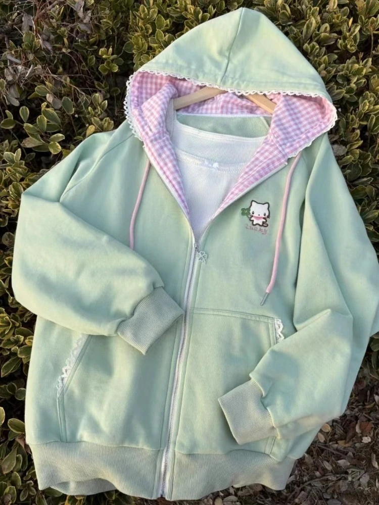 Harajuku Kawaii Coats with Hoodies Women Japanese Sweet Lolita Sweatshirts Kawaii Cartoon Print Y2k Overcoat Fashion Clothes Top