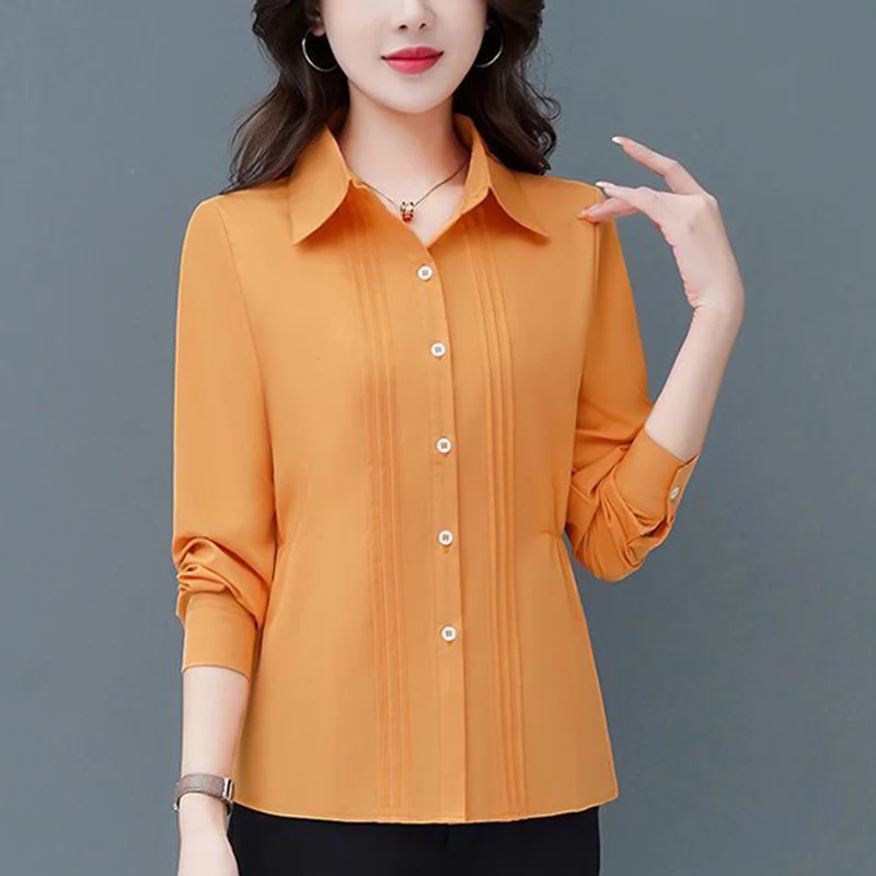 Camisa de dobras soltas emendadas para mulher, blusa de senhora do escritório, tops casuais, grandes dimensões, monocromática, nova moda, roupas de