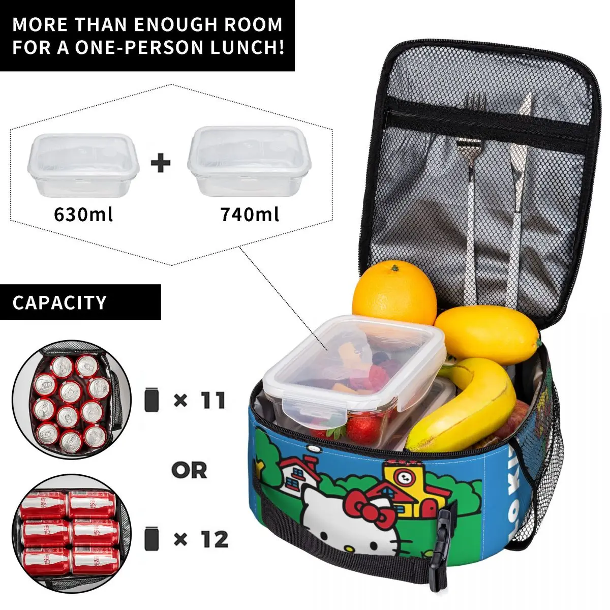 Hello Kitty-fiambrera portátil con aislamiento para bicicleta, bolsa enfriadora para guardar comida al aire libre, ideal para la escuela