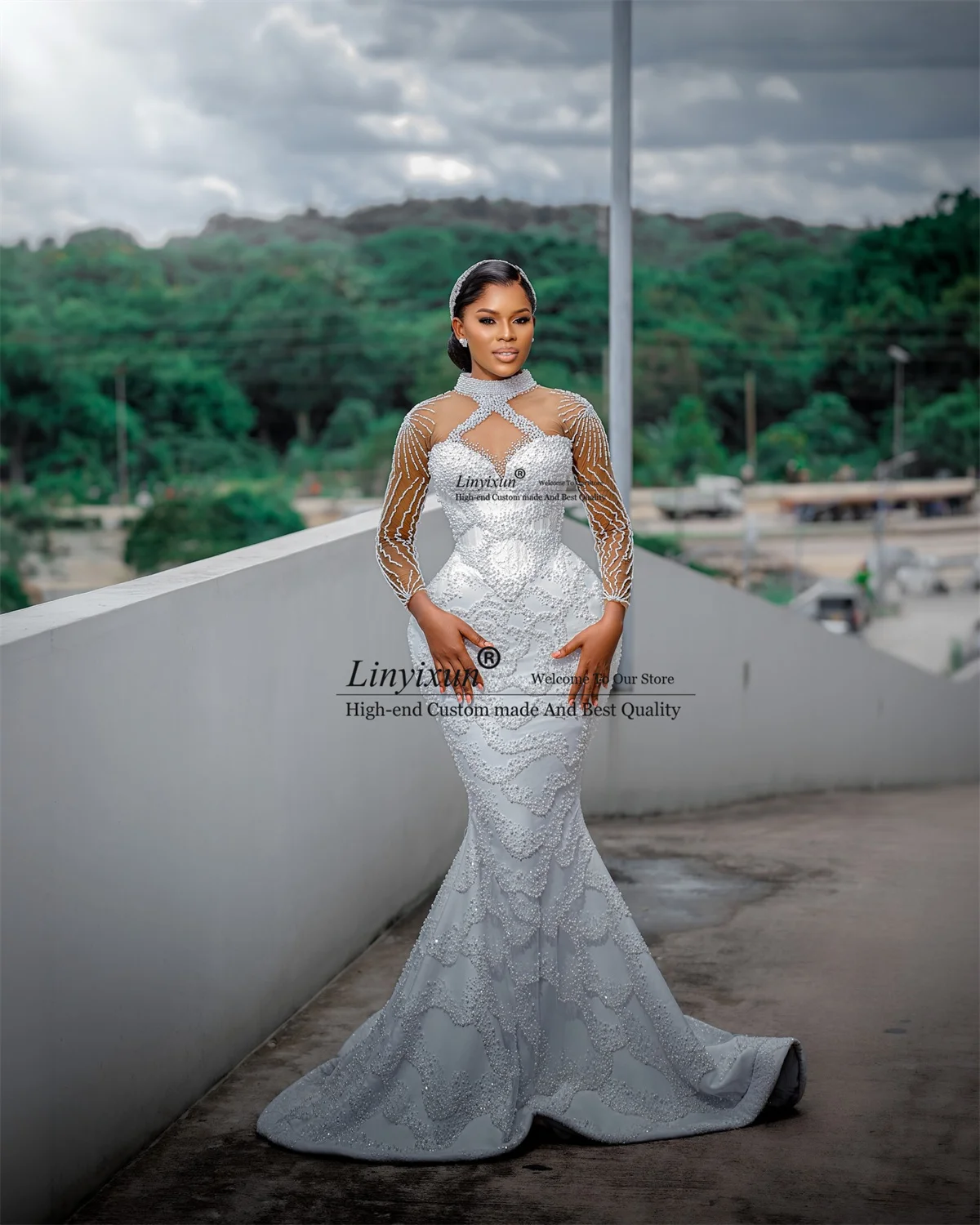 Customized Sparkly Diamond Mermaid Wedding Dresses With Remove Ruffls Train Bridal Vestido De Novia Full Sleeves Bride Gowns