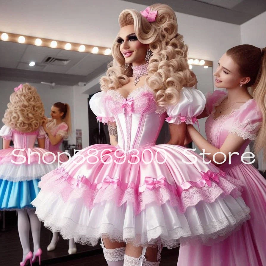 Lovely Pink Victorian Short Prom Party Dresses Puffy Skirt Corset Top Lolita Rococo Belle Cosplay Evening Gown Customsized