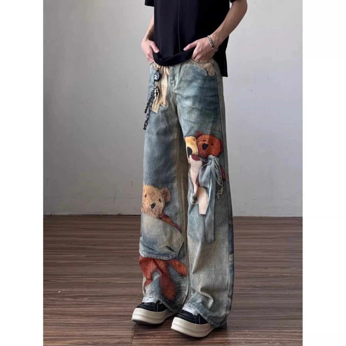 Calças Jeans Retrô American Bear com Estampa 3D, Perna Reta, Soltas, Largas, Compridas, Unissex, Casuais, de Algodão e Denim