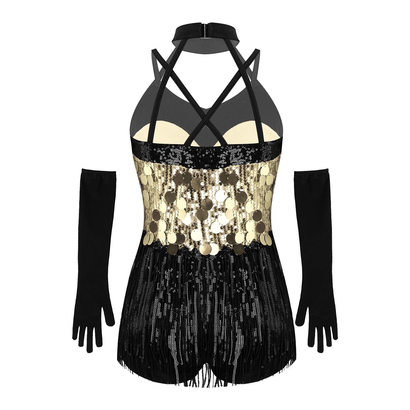 Kids Girls Sequins Ballroom Dance Leotard Children Tassels Rumba Latin Dress Fringed Dresses with Gloves for Stage Performance