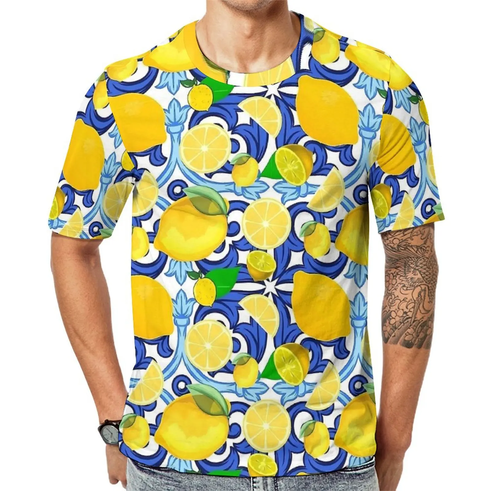 Oversize T-Shirt Beach Yellow Lemon T Shirts Blue And White Tile Casual O Neck Tshirt Male Hippie Graphic Clothing