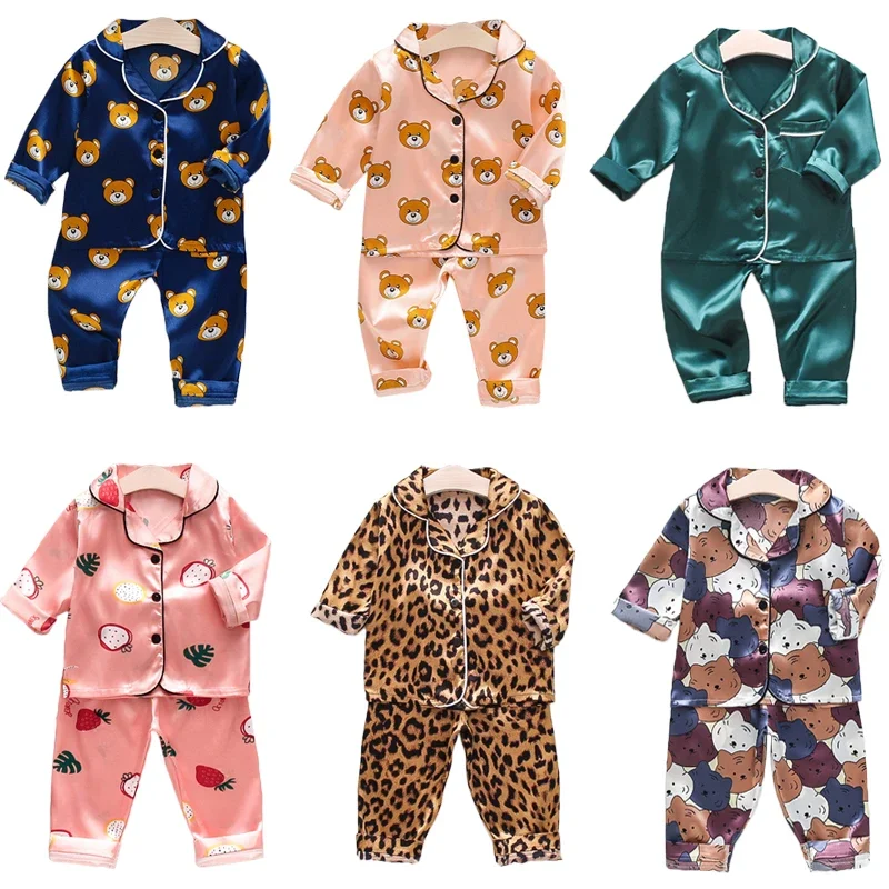 Toddler Girls Silk Satin pigiama set Cartoon Kids Boys pigiama Baby Sleepwear Suit Girl Casual Home Wear Clothes Boy Loungewear