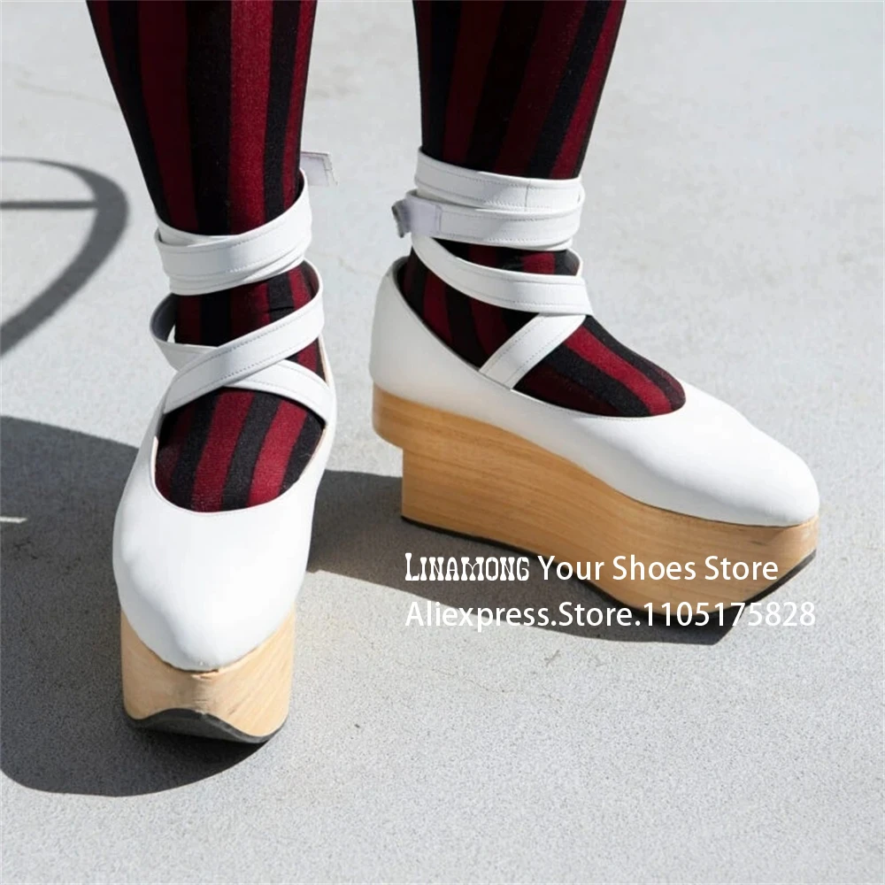 Sapatos de plataforma exclusivos de couro pu branco fita tira no tornozelo sapatos de salto estranho estilo kawaii quimono cosplay saltos personalizados multicoloridos