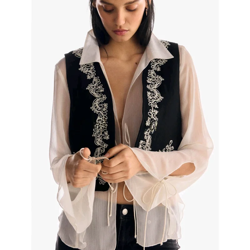 Autumn New Sle Women's Slim Fit V-Ne Svel Embroidered Casual ort Vest Faionable Commute Pure Color Polyester