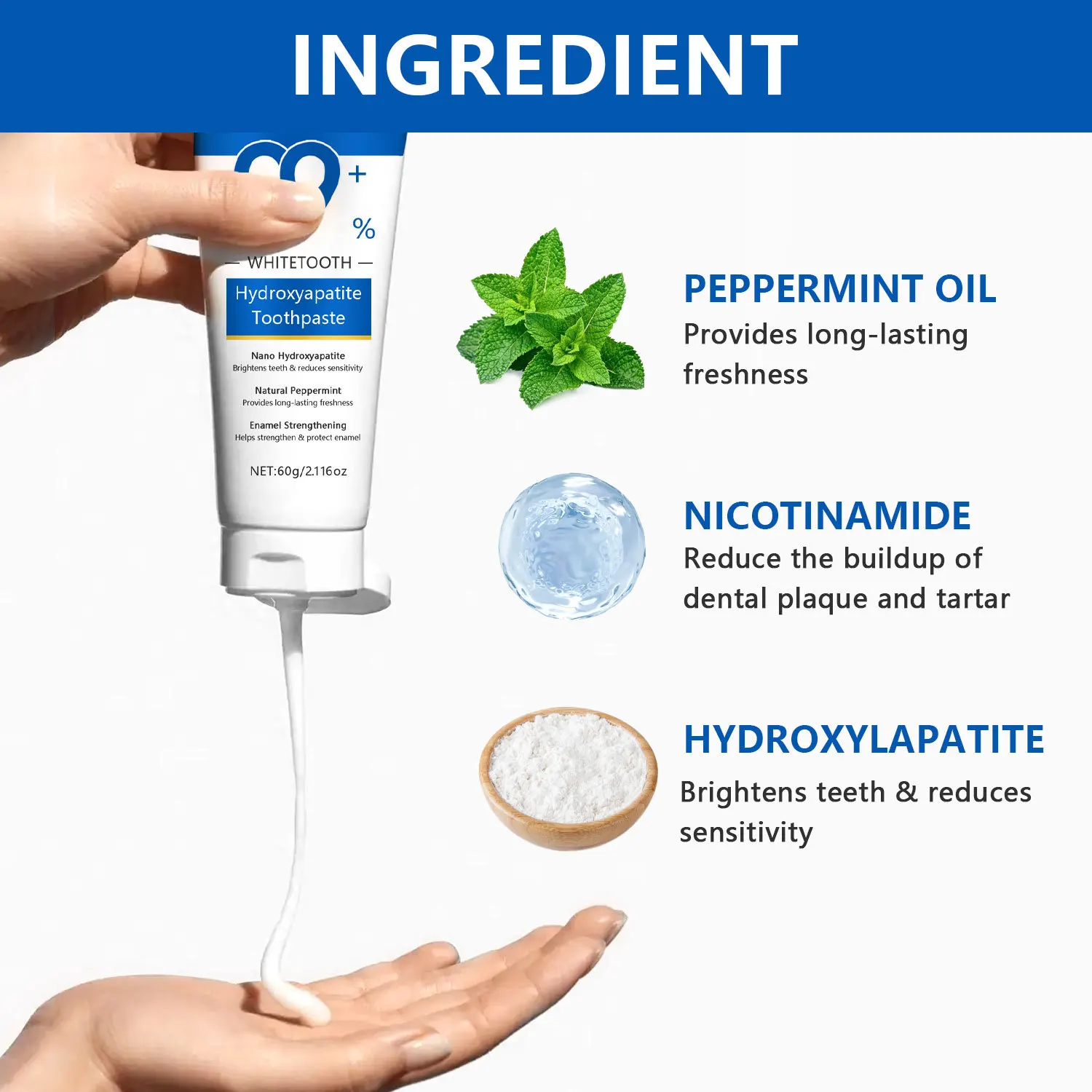 Hydroxyapatite Toothpaste - Deeply Cleans and Whitens Teeth, Reduces Tooth Sensitivity, and Freshens Breath 60g