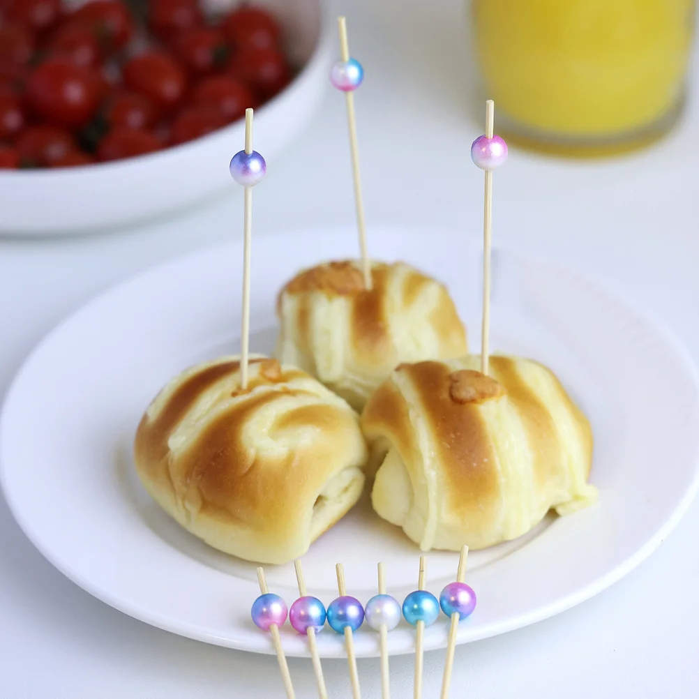 

100Pcs Colorful Fruit Picks Bamboo Pearl Topper Disposable Cocktail Snack Sticks Party Cake Dessert Food Picks