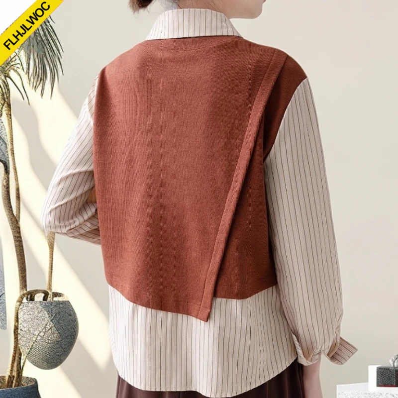 Offres spéciales nouveau 2025 bureau Blouse femmes mode mignon doux Style Preppy filles Patchwork hauts à rayure faux deux pièces conception chemises