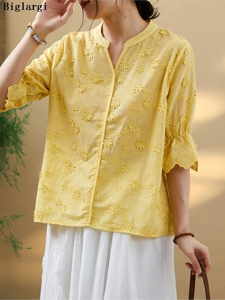 

Oversized Summer V-Neck Shirts Women Flower Embroidery Fashion Pleated Sleeve Ladies Blouses Casual Loose Woman Shirt