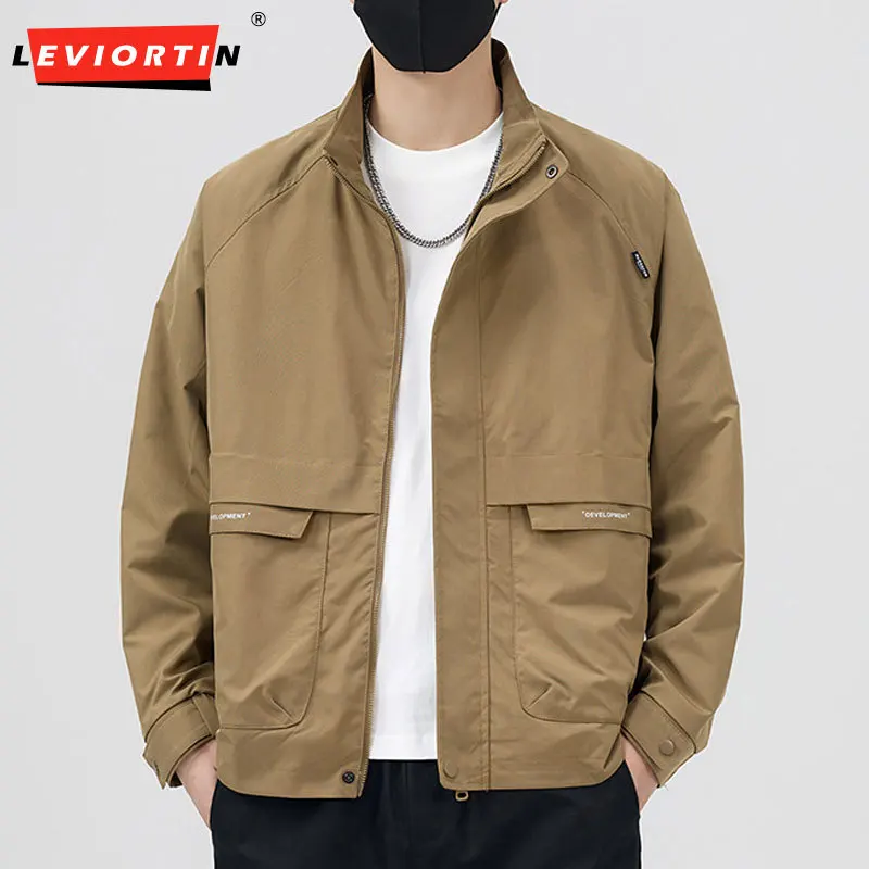 LEVIORTIN Men's Stand Collar Cargo Jacket, Solid Color Multi Pockets Casual Utility Jacket Lightweight Outerwear
