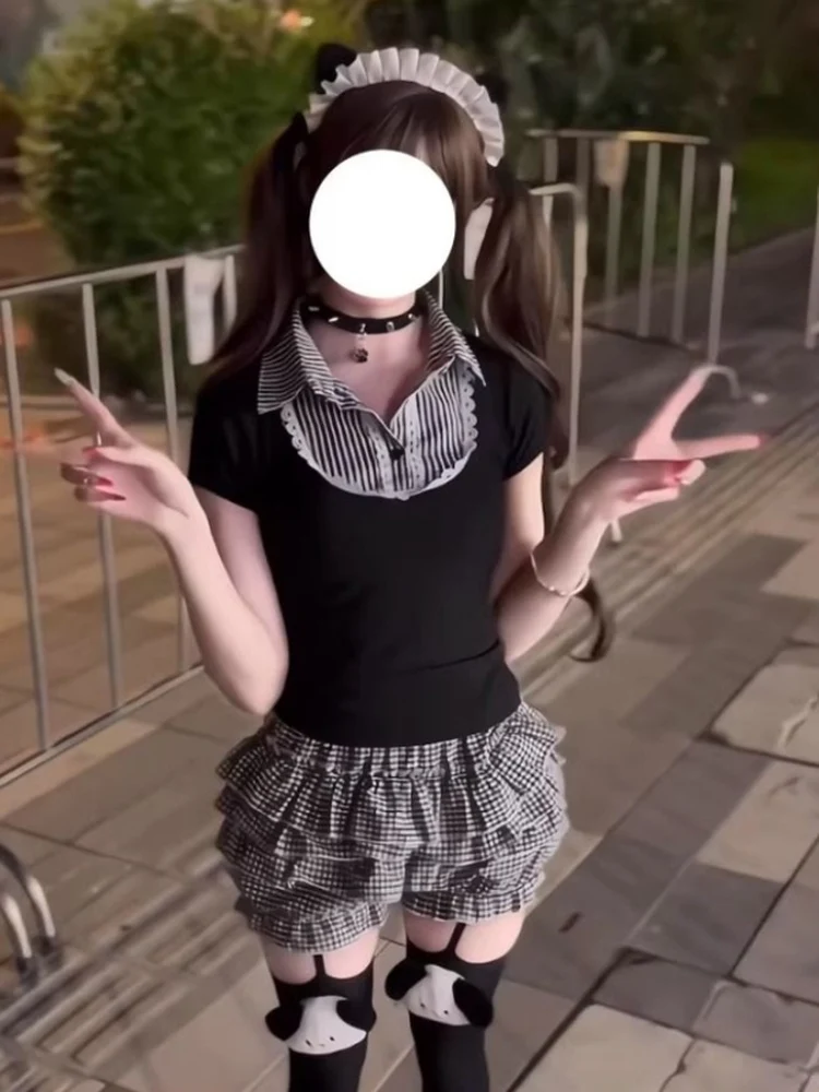 

Cute Japanese Style Short Sleeve Doll Collar Plaid Cake Skirt Two Piece Set Fashionable Summer Outfit for Women