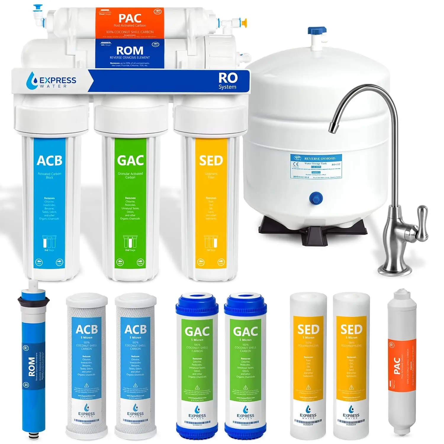 RO5DX Reverse Osmosis Filtration NSF Certified 5 Stage RO System with Faucet and Tank Under Sink Water Plus 4 Filters