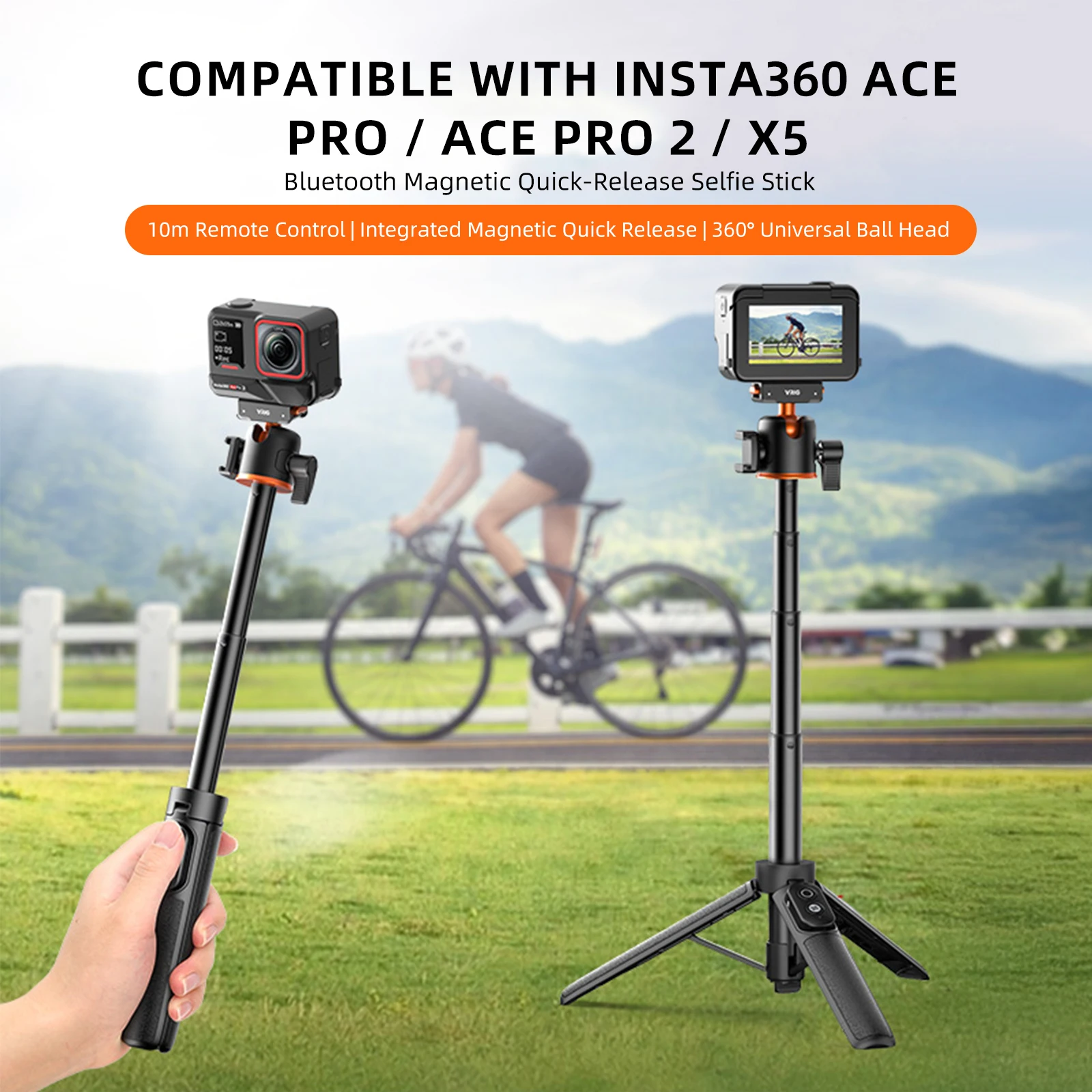 VRIG 2in1 Magnetic Camera Tripod for Insta360 Ace Pro 2/ Ace Pro/ X5 Travel Stand Bluetooth Selfie Stick for Vlog Live Video