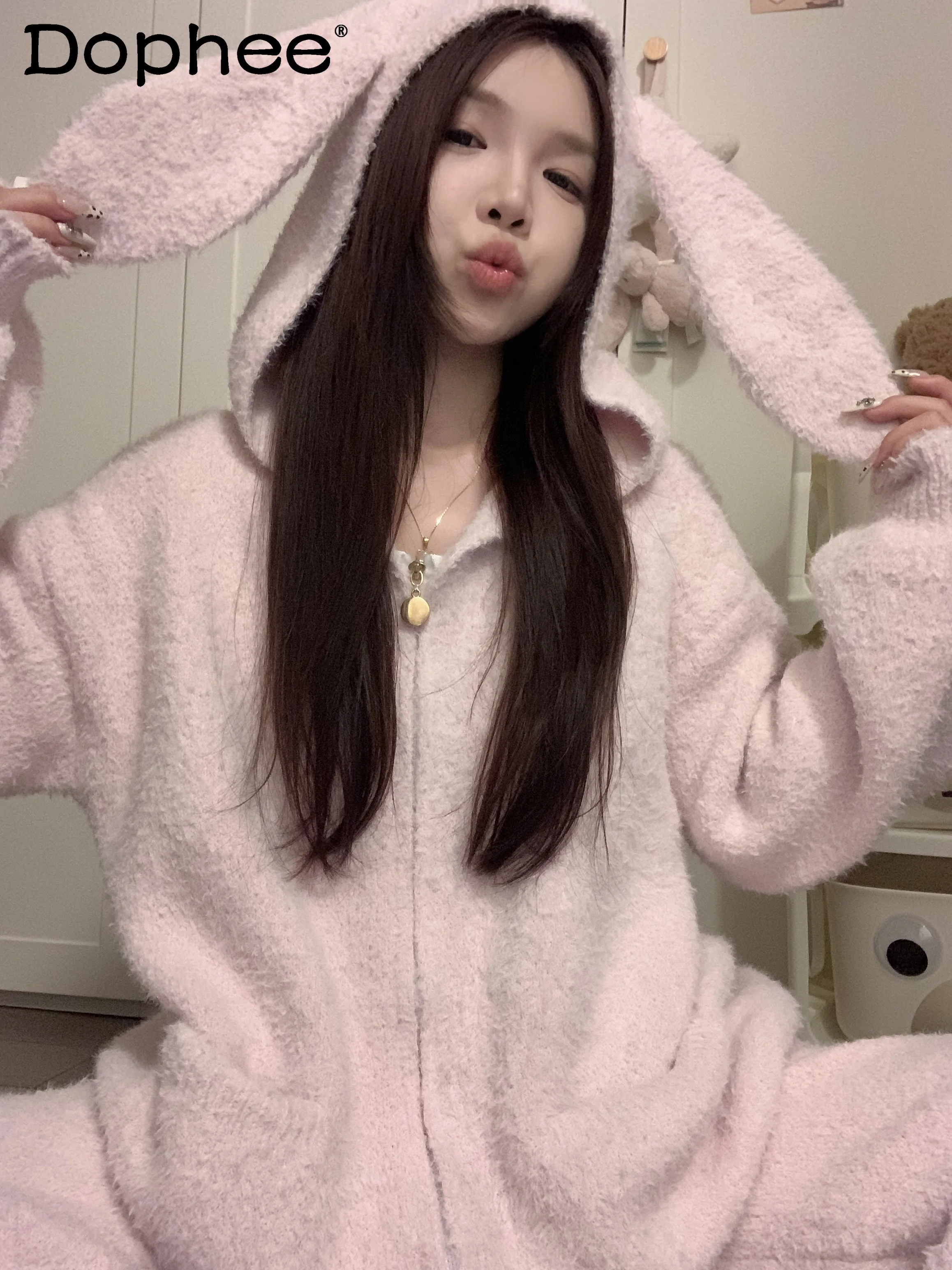 

2025 зимняя новая утолщенная теплая пижама с капюшоном, милая милая свободная повседневная домашняя одежда в японском стиле для девочек Ins для женщин