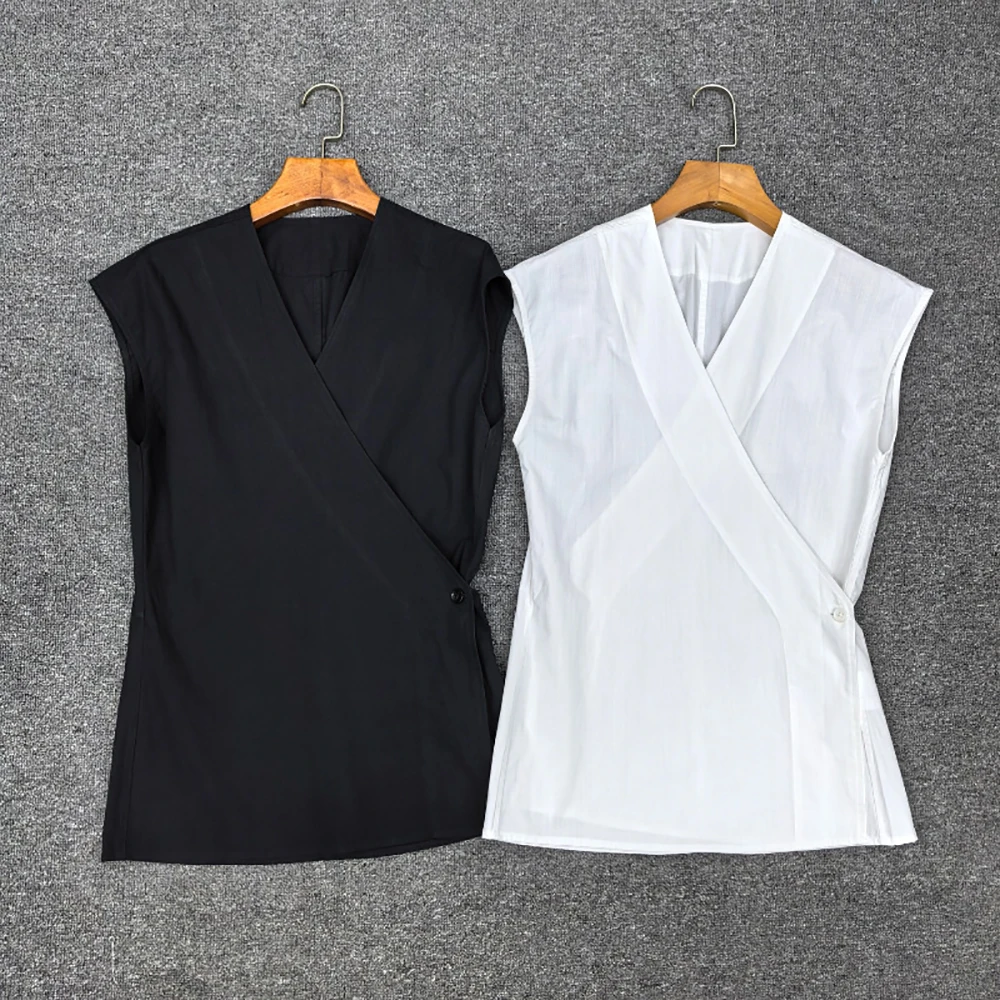 

Cotton-Linen Blend Sleeveless Wrap Shirt for Women Spring 2026 New Arrival Versatile V-Neck Blouse for Commuting Y2K Style