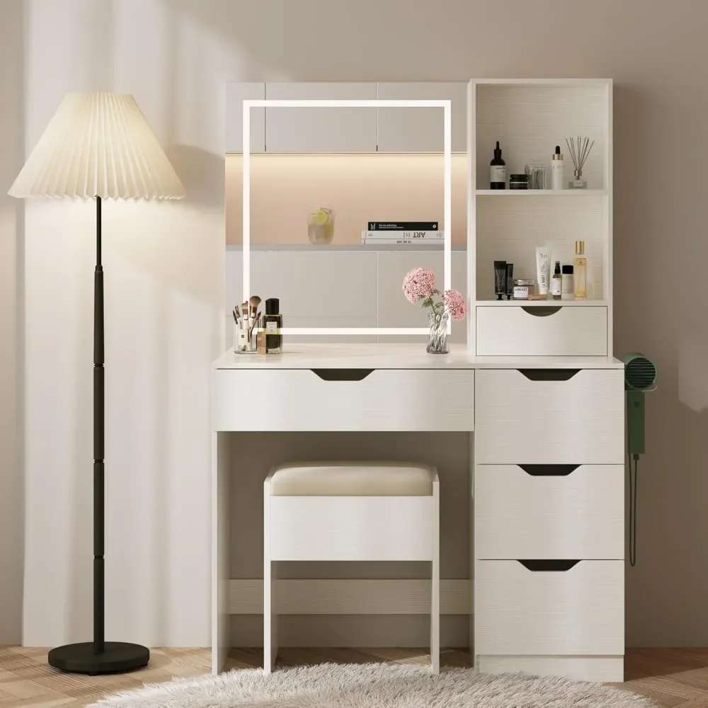 Bureau de courtoisie avec lumières LED, miroir et prise de courant, 3 couleurs d'éclairage, 5 brochettes de proximité, ensemble de maquillage et tabouret en baume