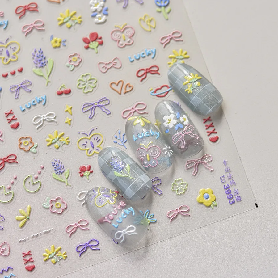 1pcs Cartoon Simple Graffiti Nail Art Sticker 5D Relief Kawaii Bow Flower Heart Self Adhesive Nail Decoration Slider Decals