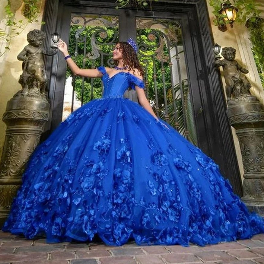 Maßgeschneidertes königsblaues Quinceanera-Kleid mit Schmetterlingen, 3D-Blumen, Applikationen, Perlen, schulterfrei, Sweet-16-Kleid, Vestidos XV Años YQD454