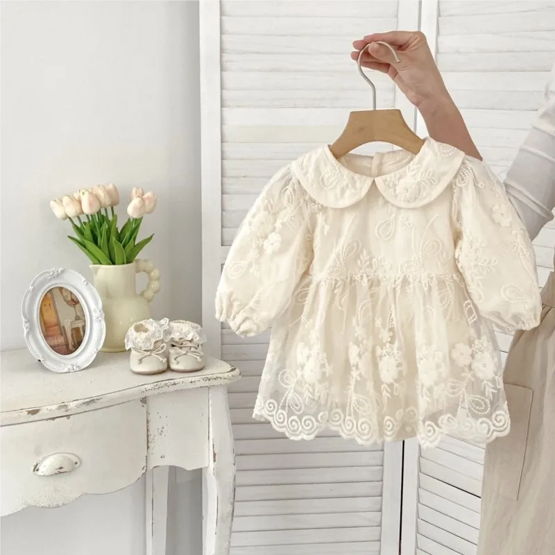 Newborn Baby Girl Cotton Princess Tulle Dress Romper Infant Long Sleeve Lace Embroidery Jumpsuit Autumn Birthday Clothes 3-18M