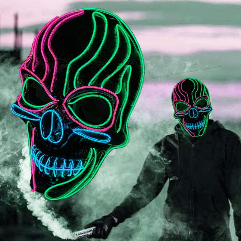

Halloween fancy skull Mask EL wire Light Up Scary Mask colorful Purge Mask for cool teen luminous Cosplay skeleton Costume