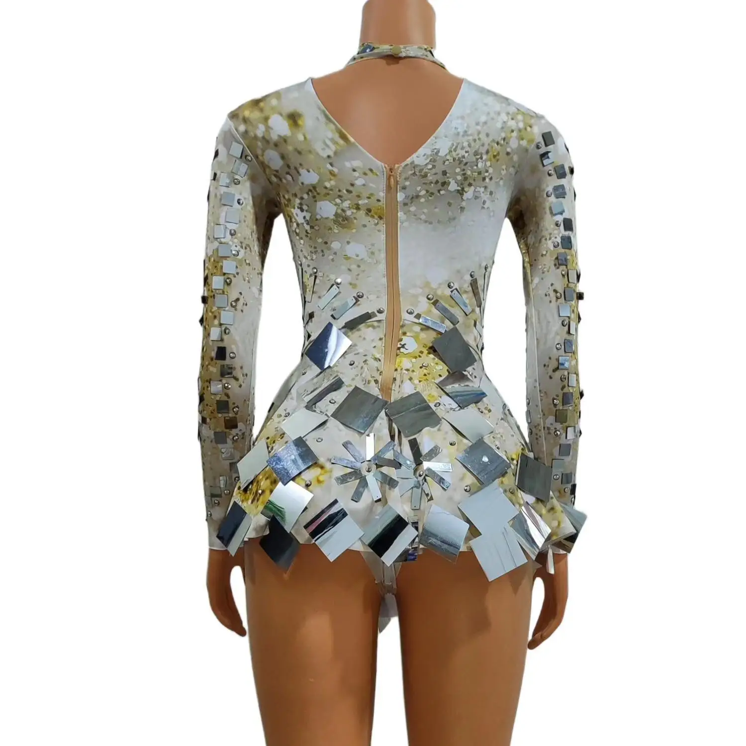 Qingzhu Women Gold Silver Mirror Sequin Costume Long Sleeve High Neck Bodysuit with Skirt for Carnival Festival Rave Party