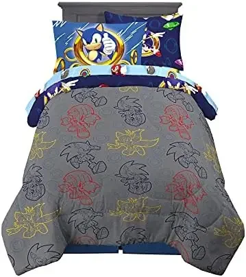 Kids Bedding Super Soft Comforter and Sheet Set with Sham, 5 Piece Twin Size, Sonic The Hedgehog, Anime