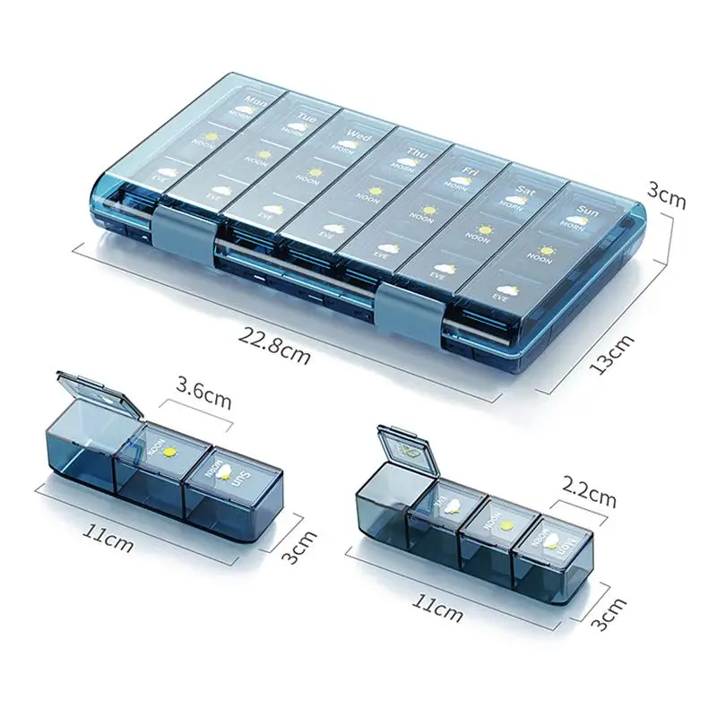 Wöchentlicher Pillenorganizer, 7-Tage-Pillenbox, 3/4-mal täglich, Pillenbox mit 21/28 Fächern, großes Fassungsvermögen, feuchtigkeitsbeständig, wasserdicht, versiegelbar – Detail 7
