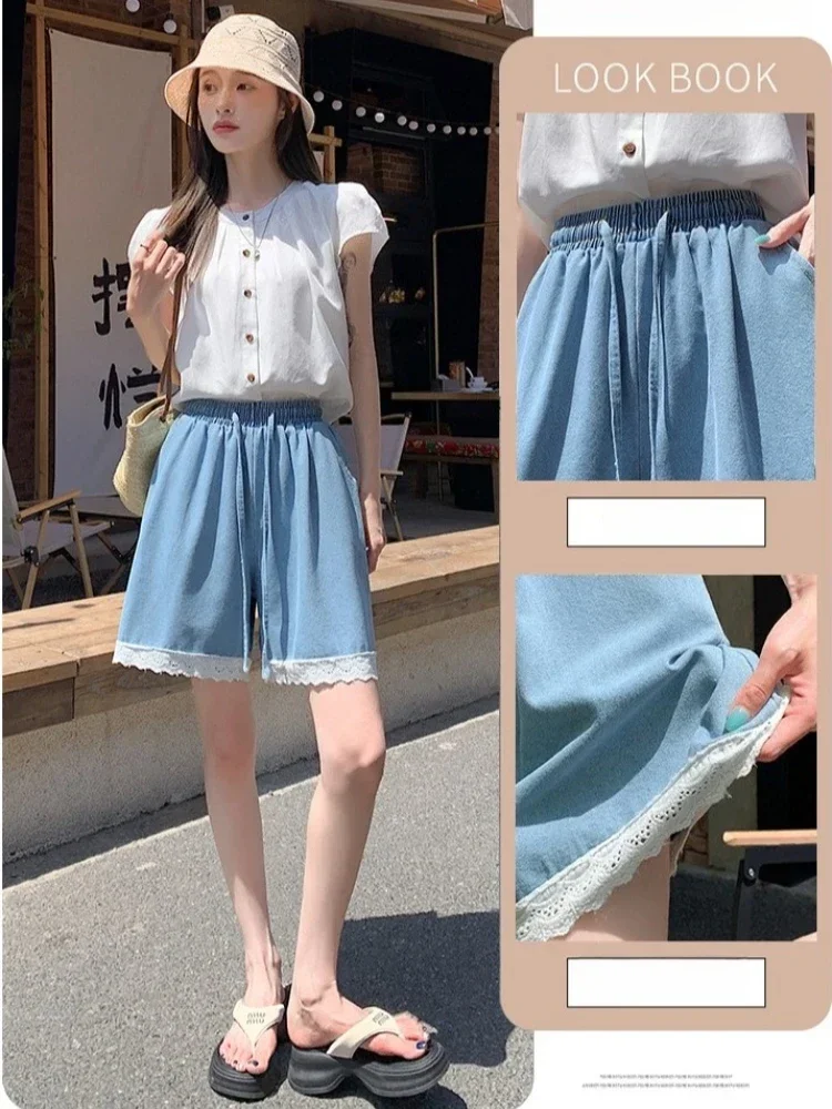 韓国デニムオーバーサイズショートパンツ レディース 夏 ファッション レース カジュアル ハイウエスト プラスサイズ ジーンズ ポケット レース Y2K ホットパンツ ストリートウェア