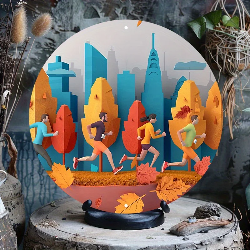 1pc Aluminum Round Metal Sign with Group Running Design - HD Printed Waterproof & Weather-Resistant 8-inch Wall Art for Home & G