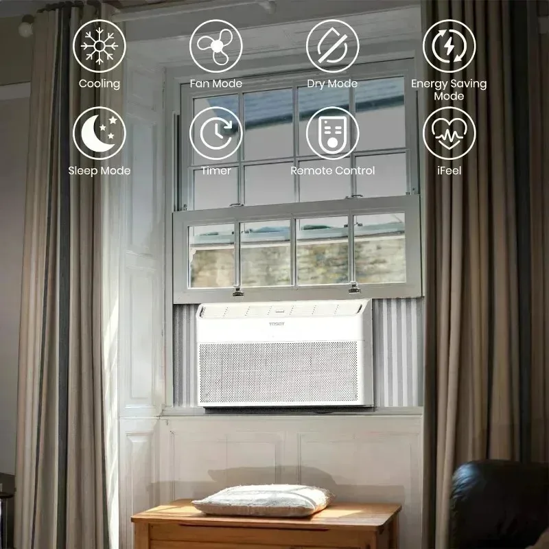 PMD4-TOSOT مكيف هواء نافذة 8000 وحدة حرارية بريطانية - تشغيل هادئ، نجمة الطاقة، جهاز التحكم عن بعد - وحدة تيار متردد لتركيب النافذة، مبرد سريع،
