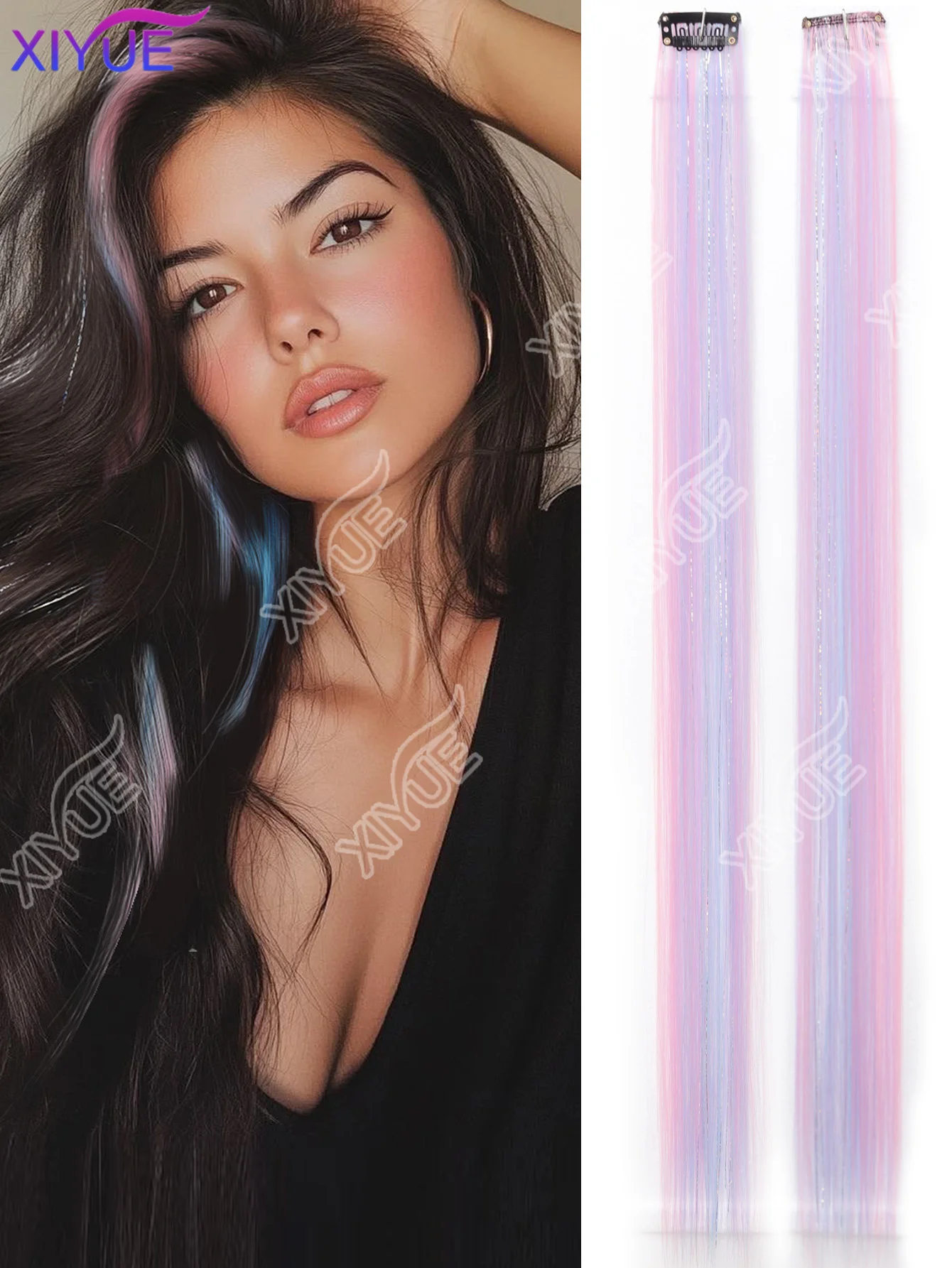 

Цветные накладные пряди для волос XIYUE с серебристыми блестками, синтетические радужные пряди для праздничных вечеринок, для женщин и девушек