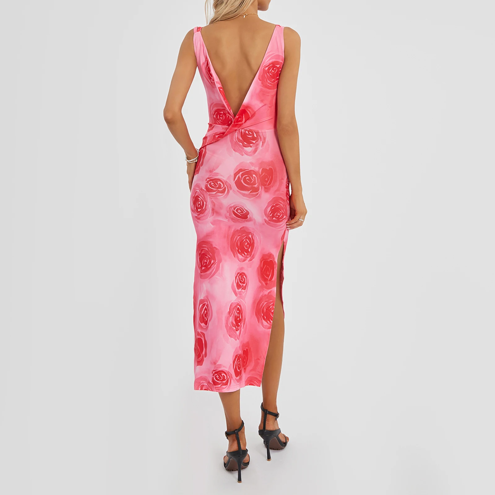 Women's Slip Dress Sleeveless Backless Flower Print Slim Slit Dress Summer Sexy Long Dress for Cocktail Party