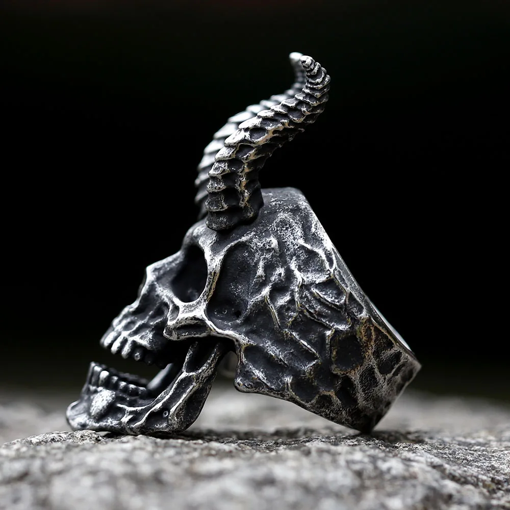 NEW Men's 316L stainless-steel rings Satanic Skull Horn Ring For Men Heavy Punk Goth Demon Jewelry Gifts Dropshipping