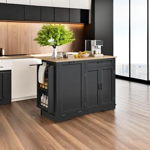 50 Inch Rolling Kitchen Island with Trash Can Storage Cabinet & Drop Leaf, Portable Mobile Islands Table Long Floating Movable