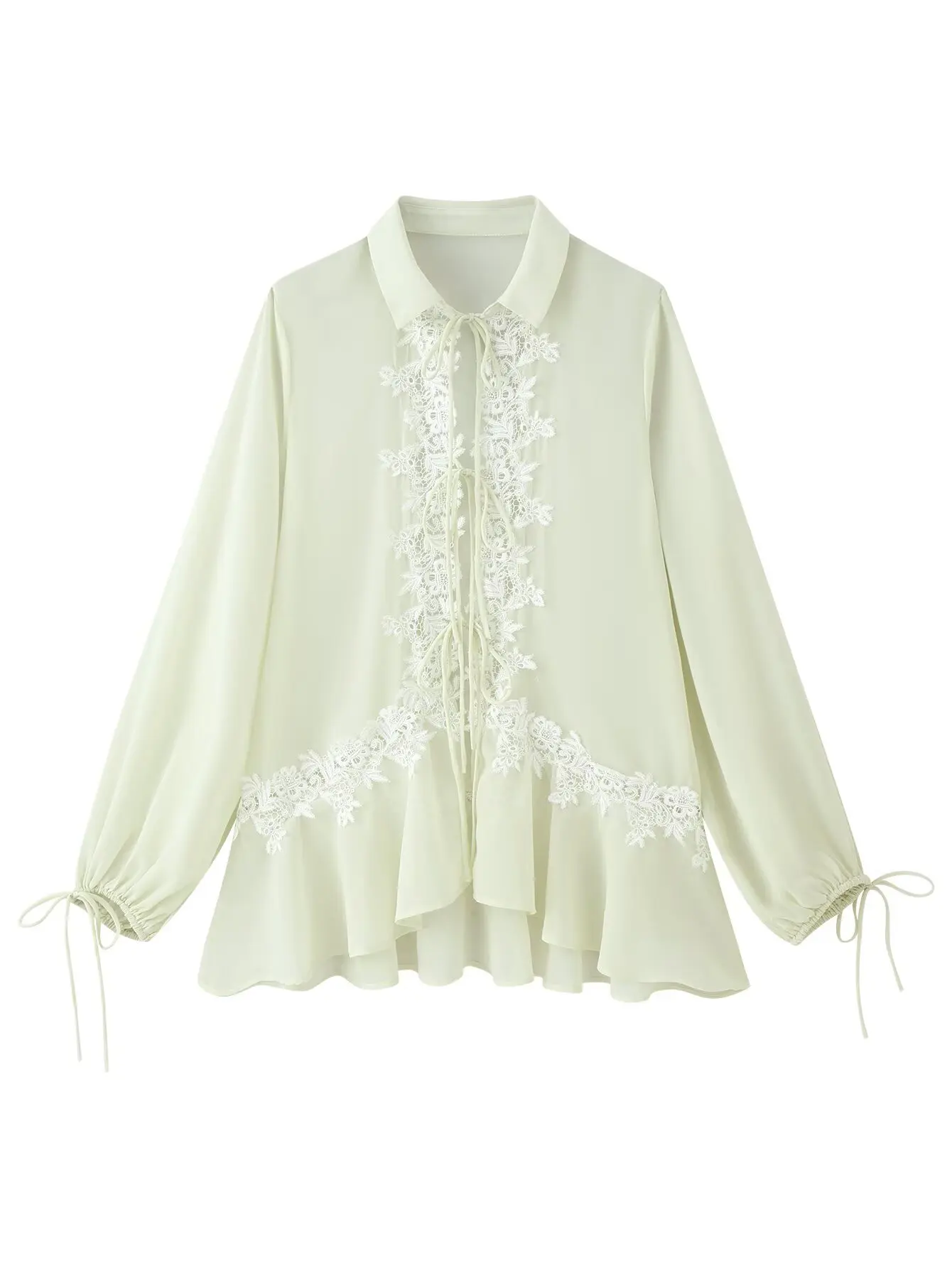 Women New Early‑Autumn Fashion Elegant Versatile Sheer Long‑Sleeve Lapel Embroidered Lace Shirt
