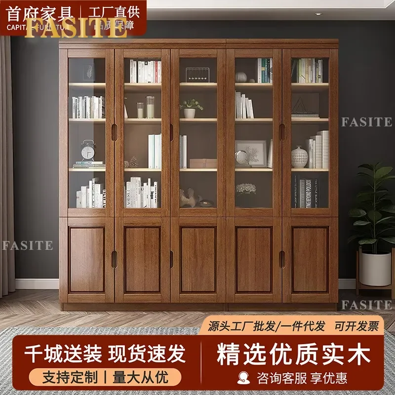 For Oak Solid Wood Three Door Bookcase with Glass Doors Simple Chinese Style Bookshelf Storage Cabinet for Student Office