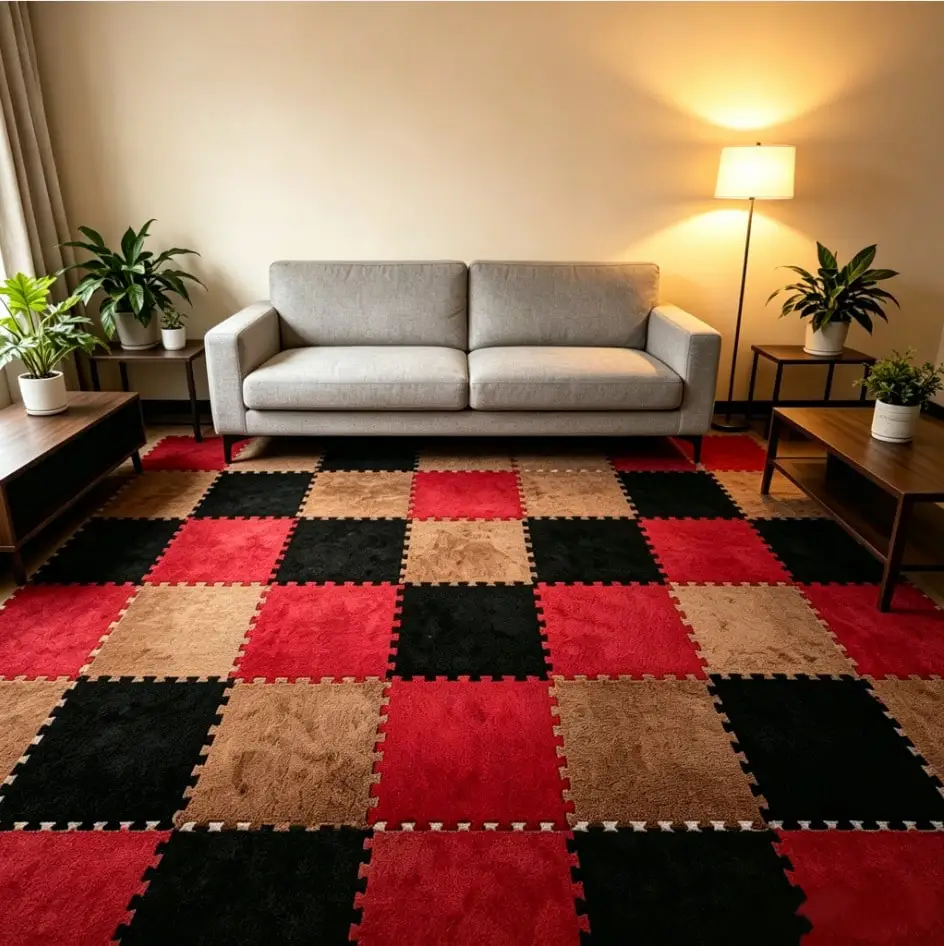 36 Piece Set Of Plush Puzzle Floor Mats, Washable Room Carpets, Soft Plush Color Blocked Bedroom Carpets, Room Decorations, Home Dust-Proof Items, Square Plush Patch Game Mats, And Living Room Carpets That Protect Floor Tiles.