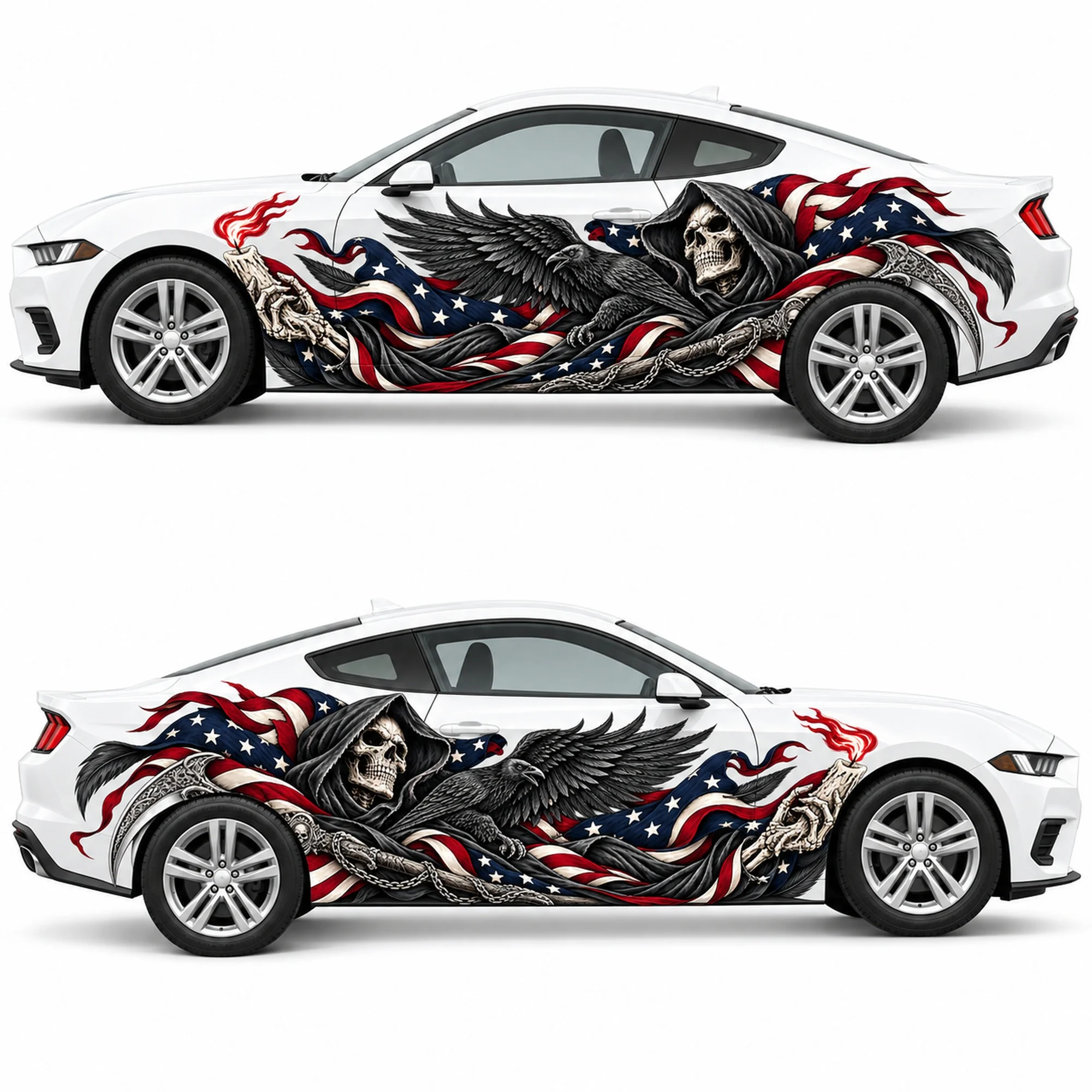 2 PCS American Flag Raven Reaper Flame Car Side Decals, Die-Cut Vinyl Sticker Set