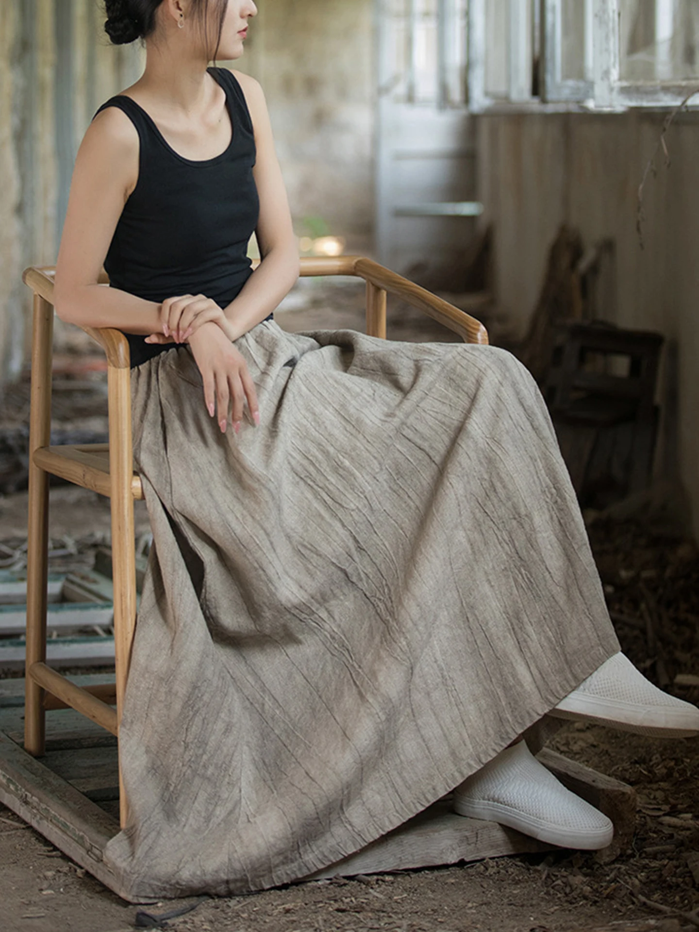 TIYIHAILEY Neue Lange Maxi Frauen Elastische Hohe Taille Fleece Innen Baumwolle Leinen Herbst Winter Dame A-linie Röcke Big Hem Braun