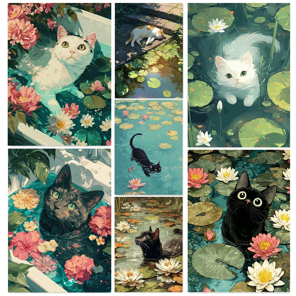 Modern Pond Black Cat Posters Lily Pond Cartoon Summer Swimming Modern Prints Canvas Wall Art Picture Home Living Room Decor