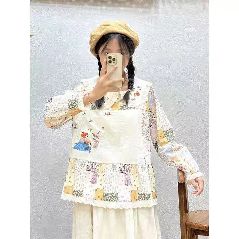 Vintage Mori Girl Embroidery Kawaii Shirts For Women Japanese Style Peter Pan Collar Patchwork blouses Sweet Casual Lolita Shirt