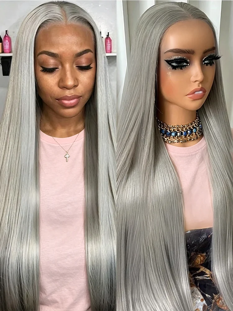 

Silver Grey Straight 13x4 Lace Front Human Hair Wig 40 Inch Colored HD Transparent 13x6 Lace Frontal Wig For Women Pre Plucked