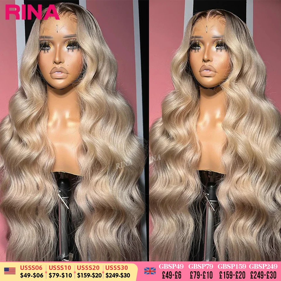 

13x6 Ombre Blonde With Root Цветные парики фронта шнурка для женщин Человеческие волосы Объемная волна Ombre Пепельно-русый парик фронтальной части шнурка
