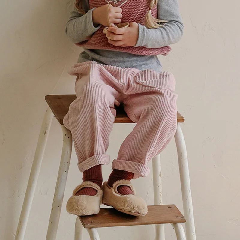 2026 Autumn and Winter New Korean Children Girls Elegant and Cute Love Corduroy Wide Leg Casual Carrot Pants