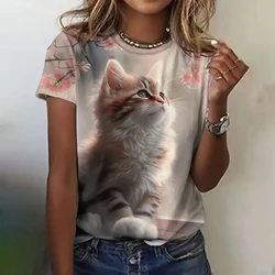 2024 Summer T-Shirt For Women 3d Floral Cat Fashion Casual Women Summer Short Sleeve Animal Print Crew Neck Female Clothing