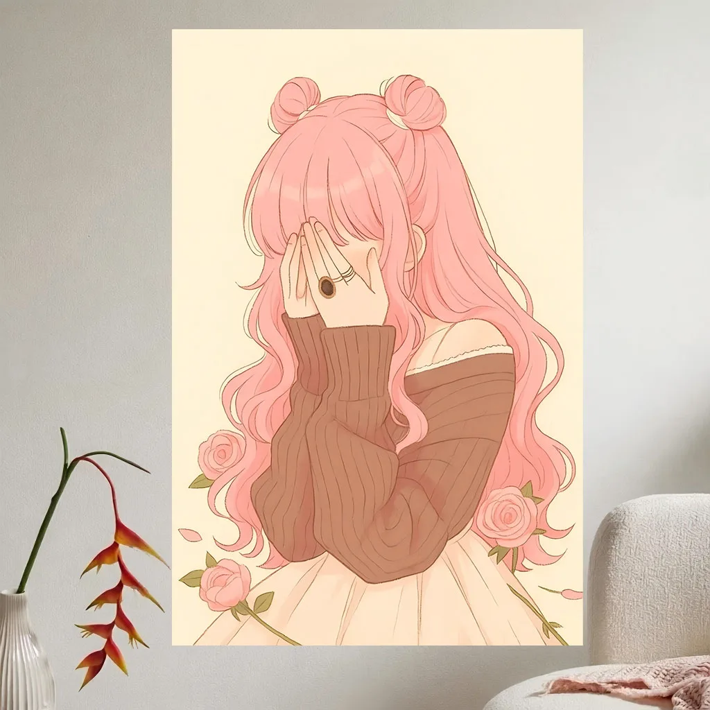 Soft Kawaii Anime Tapestry Shy Pink Hair Girl With Pink Roses Vintage Warm Wall Hanging Art for Dorm Bedroom Cozy Aesthetic Room